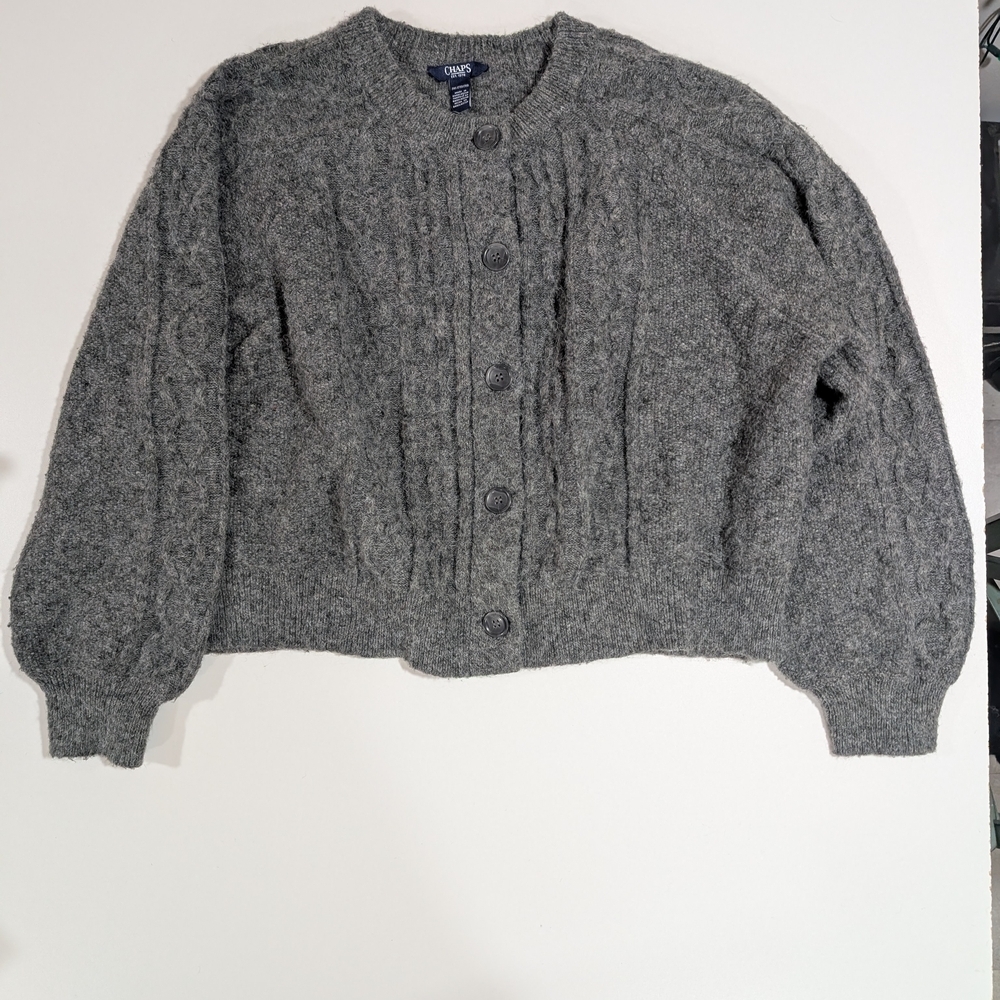 Chaps 2X Plus Size Charcoal Cable Knit Button Front Cardigan | Classic Heritage